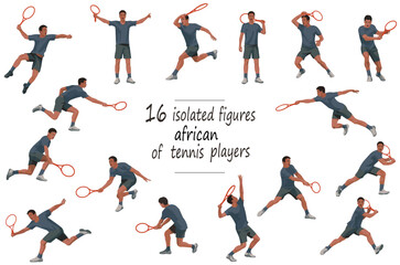 Fototapeta na wymiar 16 figures of an African tennis player in black shirt serving, receiving, hitting the ball, standing, jumping and running