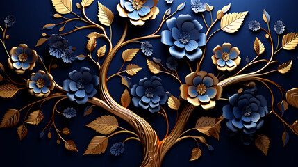 Elegant golden and blue flowers and branches on light background. Vintage floral decor for postcard. Fantastic plant 3d illustration