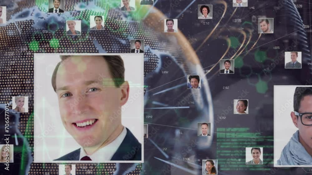 Poster animation of network of connections with business people over globe and data