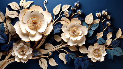 Elegant golden and blue flowers and branches on light background. Vintage floral decor for...