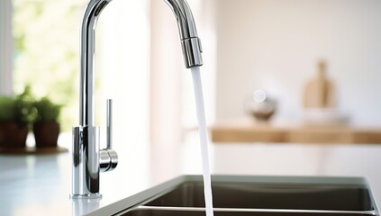 Water flowing from a modern faucet into a kitchen sink.