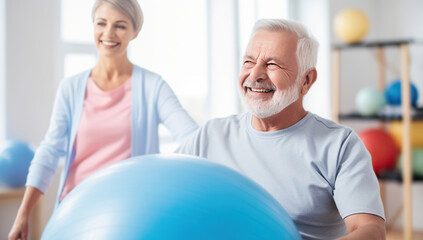 An elderly man smiles while training with a fitness ball against a backdrop of physical therapy sessions. The concept of health and rehabilitation in old age.