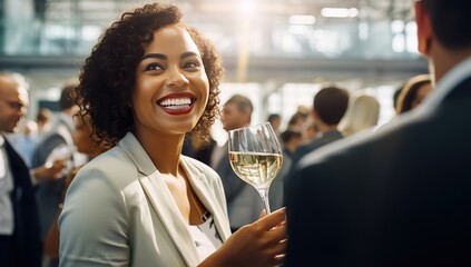 A smiling young woman at a reception, holding a glass of wine. The concept of socialization and networking events. - obrazy, fototapety, plakaty