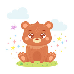 Cute little bear sitting on grass with butterfly, clouds, stars. Forest baby animal. Funny childish character for greeting card, poster, kid clothing, cover, invitation or print design. Vector