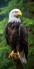 Obraz premium Bald eagle, Haliaeetus leucocephalus, isolated sitting on a wooden branch with nature background