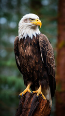 Bald eagle, Haliaeetus leucocephalus, isolated sitting on a wooden branch with nature background