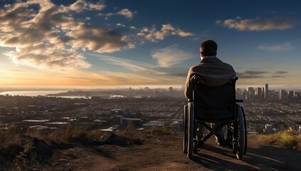 A man in a wheelchair looks out over the cityscape.