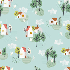 Seamless pattern on Easter theme with Easter bunny with a basket of eggs and pastoral village houses on pastel background