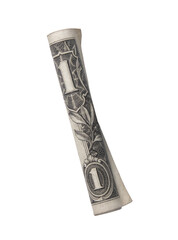 One dollar bill rolled up isolated on transparent layered background.