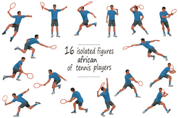 Fototapeta na wymiar 16 figures of black tennis players in blue sports equipment throwing, catching, hitting the ball, standing, jumping and running