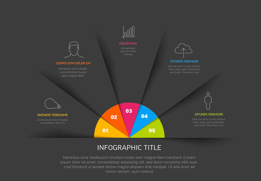 Dark fan Infographic with five color accent items icons and descriptions