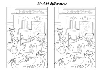 Find 10 differences. Festive interior. Dishes on the table. Coloring.
