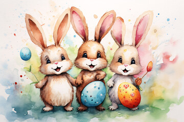 Cute bunnies with Easter eggs on a blooming meadow. Happy Easter. Watercolor style.
