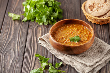 Indian dal food (Masoor Dal or Dal Tadka Curry) and homemade Flatbread Chapati. Traditional Indian...