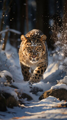 wildlife in winter, beautiful and powerful leopard predator runs on the snow, front view