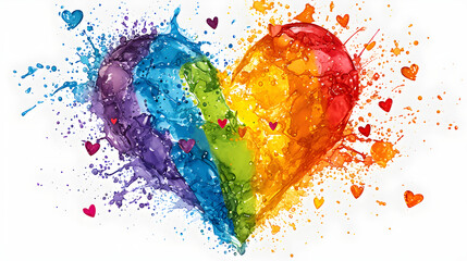 A colorful heart made of splashes on a white background, forming an LGBTQ rainbow out of hearts,