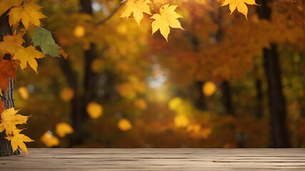 Naklejka na ściany i meble Empty wooden table in front of blurred autumn foliage background with copy space