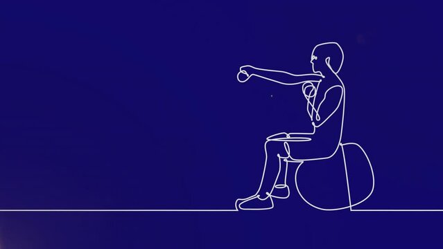 Animation of light spot and woman exercising on ball with dumbbells on blue background