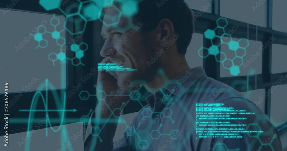 Poster animation of data processing and chemical formula over caucasian businessman using smartphone