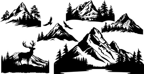Mountain silhouette set. Rocky mountains icon or logo collection. Vector illustration. AI generated illustration.