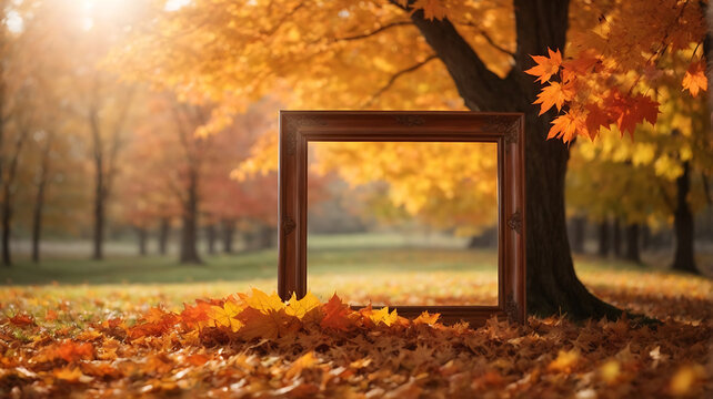 Wooden picture frame with autumn leaves on the background of the park