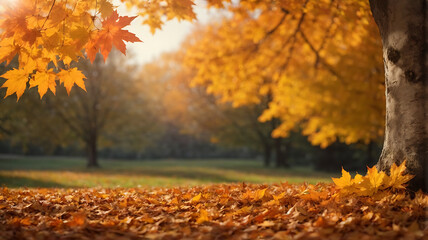 Beautiful autumn landscape with yellow maple leaves in the park