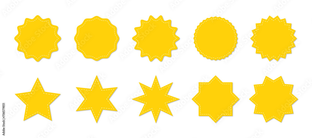 Poster stitched zig-zag circle collection in yellow color. circle with sharp and rounded waves edge. sale a