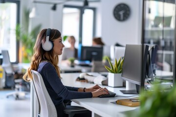 Attentive Customer Support Specialist in Office.
Attentive female customer support specialist working on a computer with a headset in an office.