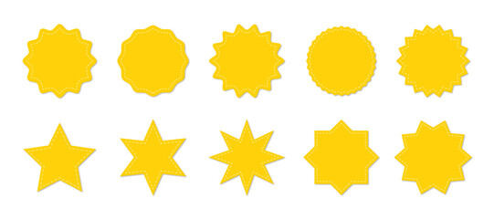 Stitched zig-zag circle collection in yellow color. Circle with sharp and rounded waves edge. Sale and big set of yellow zig-zag circle sticker, Sale and discount template sticker.