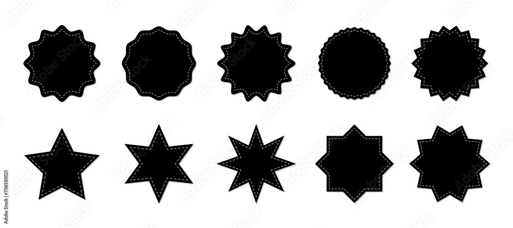 Poster stitched zig-zag circle collection in black color. circle with sharp and rounded waves edge. sale an