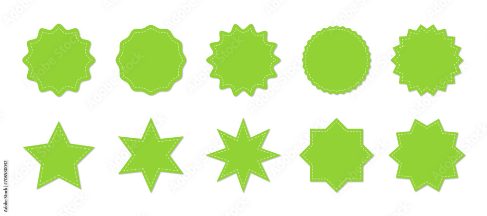 Aufkleber stitched zig-zag circle collection in green color. circle with sharp and rounded waves edge. sale an