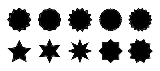 Stitched zig-zag circle collection in black color. Circle with sharp and rounded waves edge. Sale and big set of black zig-zag circle sticker, Sale and discount template sticker. - obrazy, fototapety, plakaty