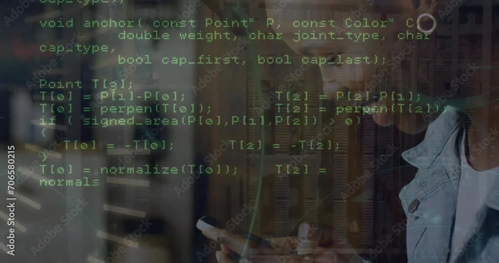 Poster animation of data processing and shapes over biracial woman using smartphone