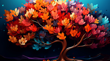 Elegant colorful tree with vibrant leaves hanging branches. 3d abstraction wallpaper