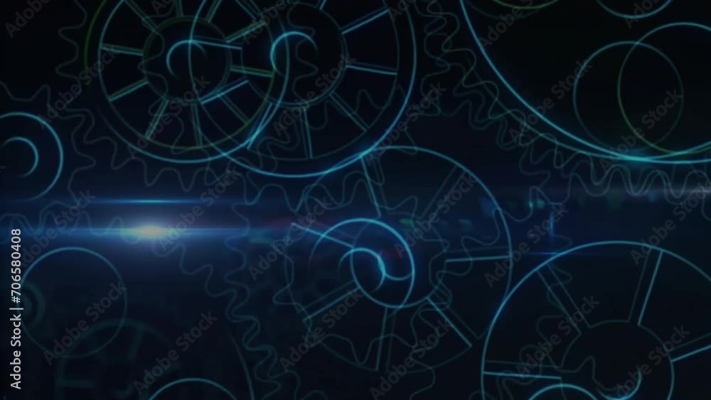 Poster animation of cogs moving over light spot on black background