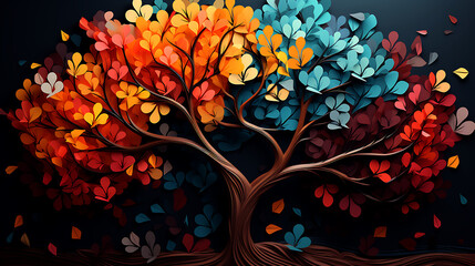 Elegant colorful tree with vibrant leaves hanging branches. 3d abstraction wallpaper