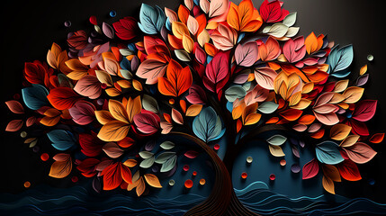 Elegant colorful tree with vibrant leaves hanging branches. 3d abstraction wallpaper - Powered by Adobe