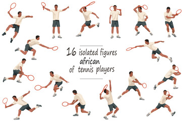 16 figures of Nigerian tennis players in white sports equipment hitting, throwing, catching the ball, standing, jumping and running