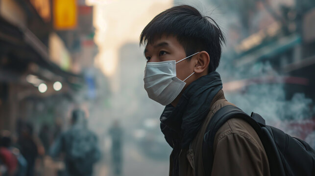 Man wearing a mask in a city full of PM 2.5, AI Generative 