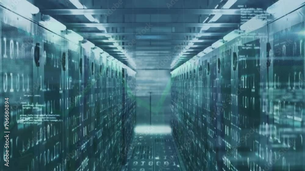 Poster animation of data processing and binary coding over server room