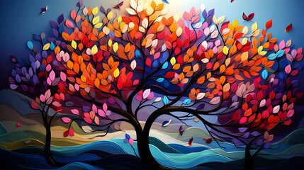 Elegant colorful tree with vibrant leaves hanging branches. 3d abstraction wallpaper