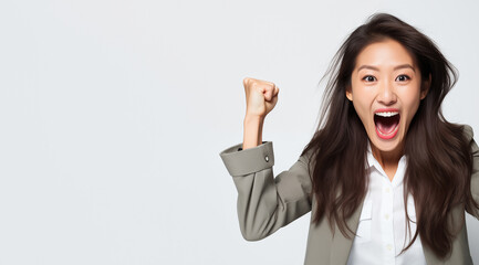 Femme asiatique jeune, heureuse, souriante, bras levés, poings serrés, arrière-plan blanc, image avec espace pour texte - obrazy, fototapety, plakaty