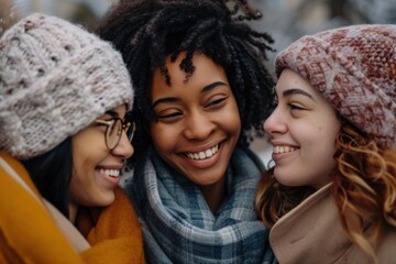 Fototapeta premium Young women of various ethnicities smiling and looking at each other, concept of cultural diversity.