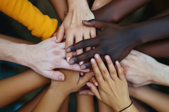 Hands of people of different ethnicities, concept of cultural diversity.
