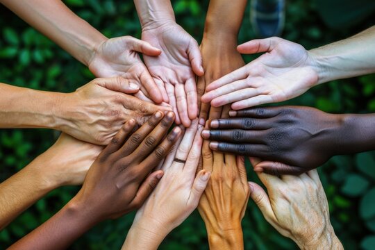 Hands of people of different ethnicities, concept of cultural diversity.