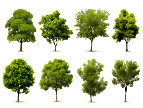 Set of 8 diverse trees with transparent background, ready for landscape designs, PNG format.