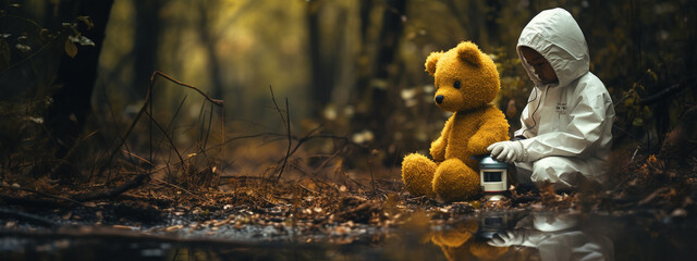 a child with a bear in a hazmat suit in the forest. the concept of the future, protection. - obrazy, fototapety, plakaty