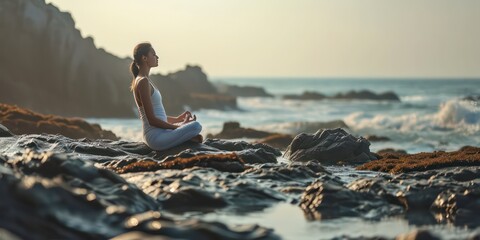 A fitness enthusiast, a young woman, finds serenity in her yoga practice, savoring the gentle caress of the wind and inhaling the crisp sea breeze as she balances on the rocky beach - obrazy, fototapety, plakaty