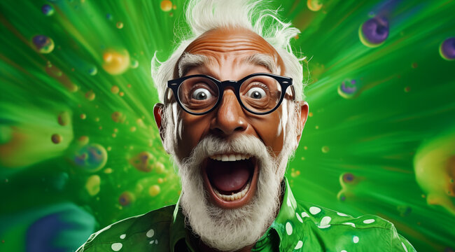 Le bonheur d'un homme senior, heureux, avec barbe et lunettes, arrière-plan coloré