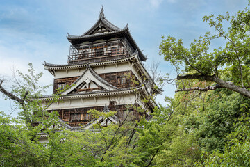 Fototapeta na wymiar Himeji Castle in Japan. Immense castle seen with a monumental perspective.